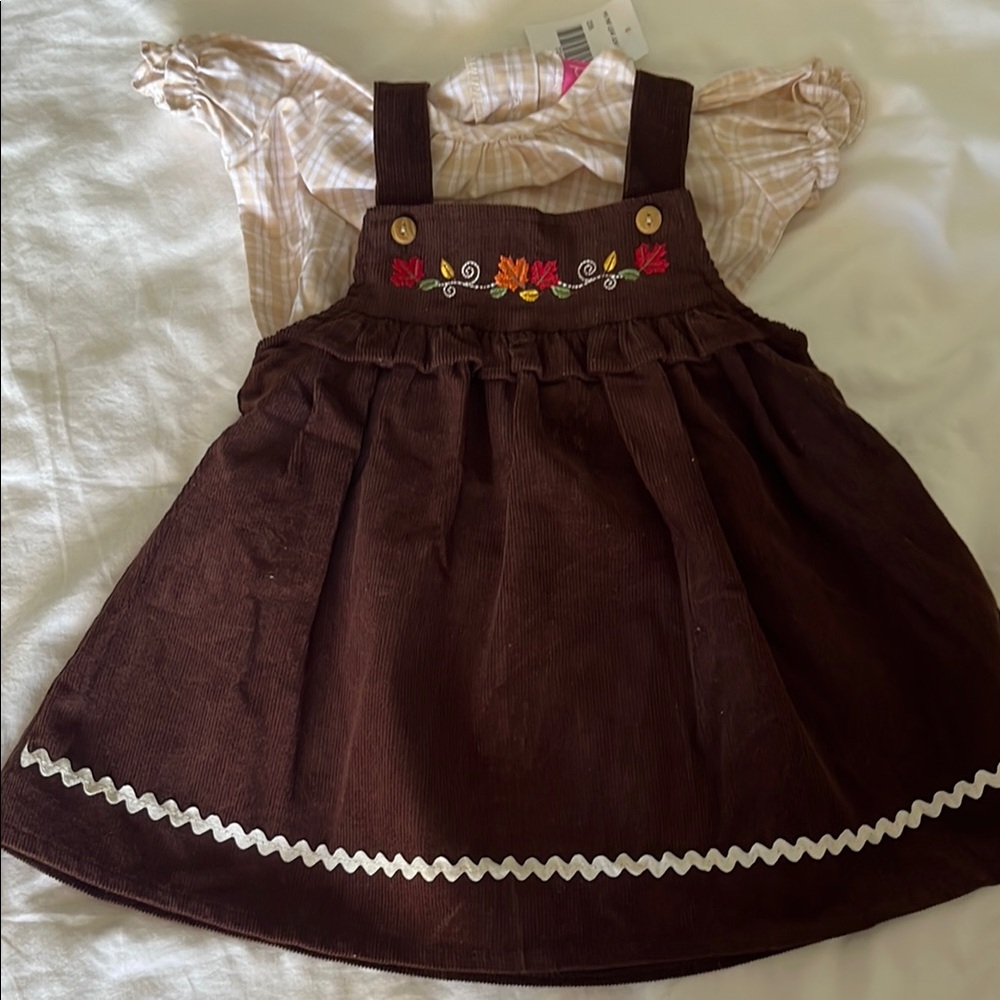 Brown Corduroy Kids Dress with Embroidered Details